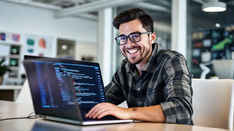 Un programador feliz crea código digital