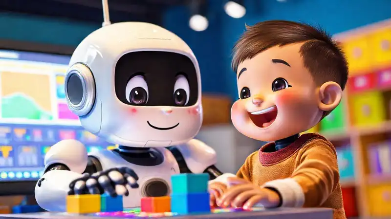 Un robot animado aprende digitalmente con alegría
