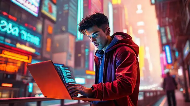 Ciudad futurista: programador, código y luces