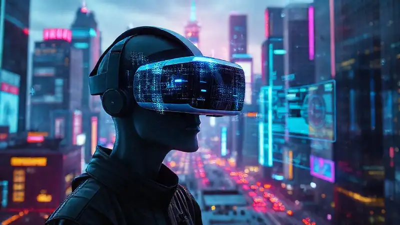 Ciudad futurista holográfica y digitalmente iluminada