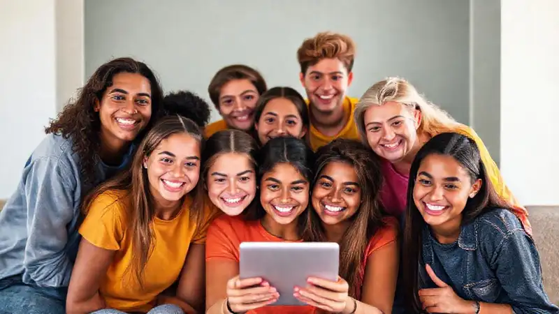 Adolescentes felices se conectan digitalmente