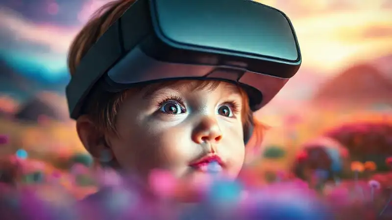 Un niño explora un paisaje virtual colorido