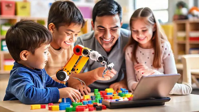 Robots y niños aprenden juntos alegremente
