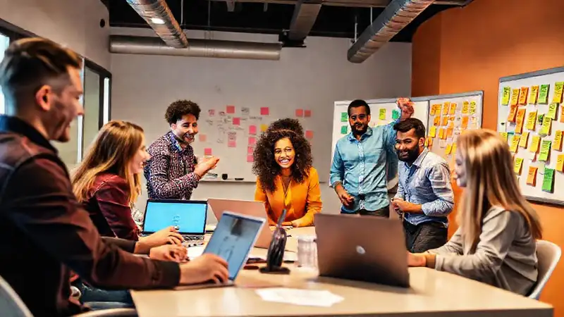 Reunión dinámica y colaborativa con equipo diverso
