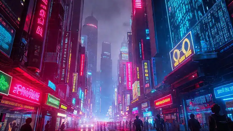 Ciudad futurista, luces y robots