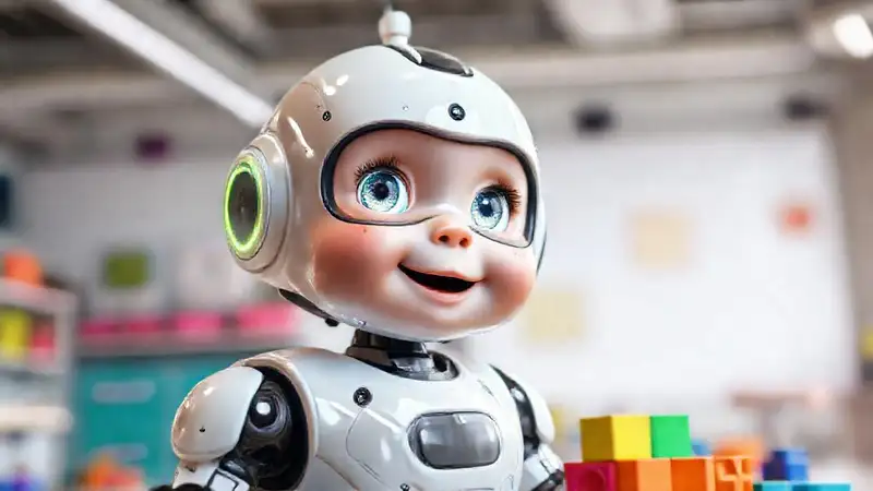 Un robot infantil aprende alegremente en el futuro