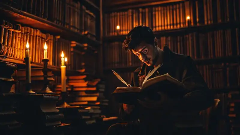 Un estudiante estudia bajo la tenue luz