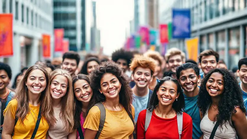 Jóvenes diversos celebran una ciudad moderna
