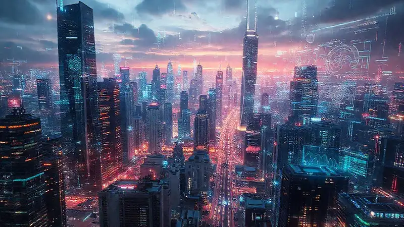 Ciudad futurista, datos y tecnología brillantes