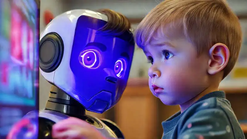 Un niño observa un chatbot preocupado
