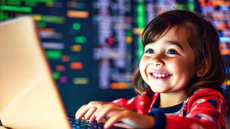 Un niño programando sonríe con bloques digitales