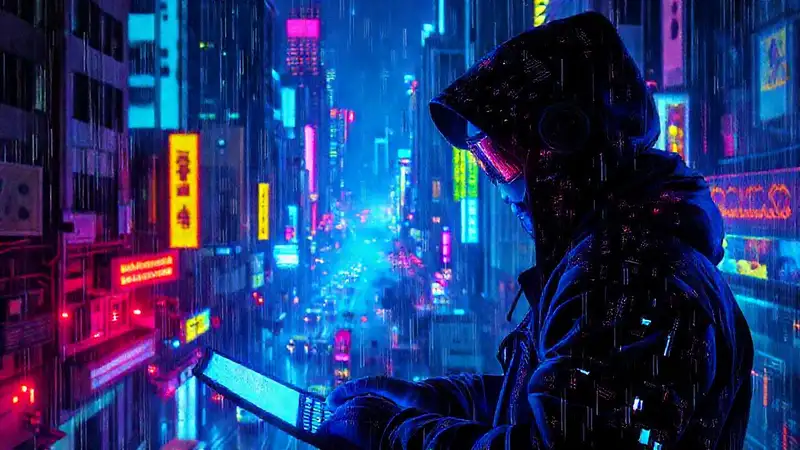 Hacker cibernético en ciudad neonífica