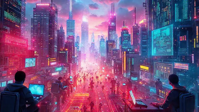 Ciudad futurista: hackers digitales y brillante innovación
