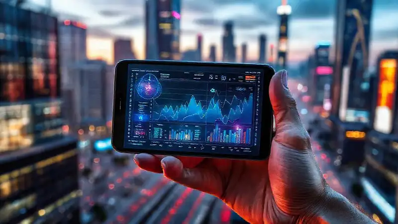 Ciudad futurista digital, mano segura y brillante