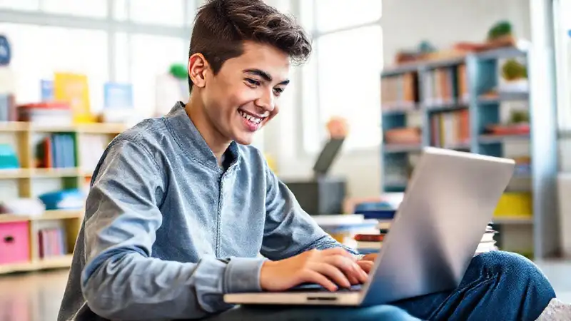 Un joven estudia felizmente con tecnología