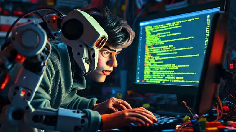 Programador frustrado depura código robótico