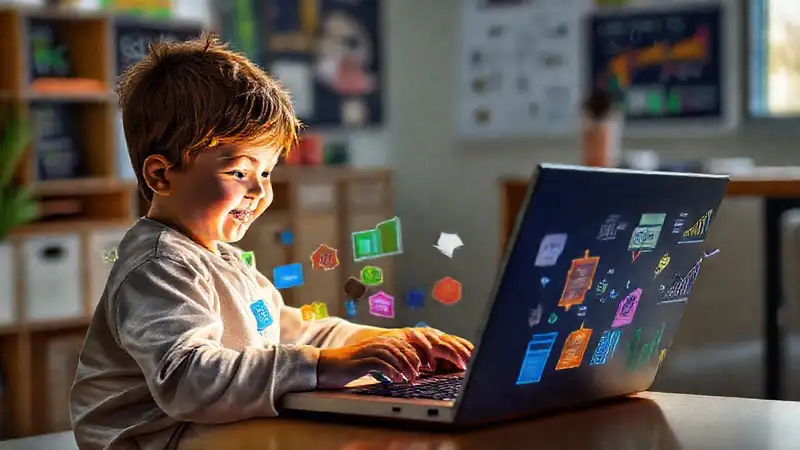 Un niño aprende a programar digitalmente