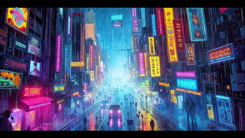 Ciudad cyberpunk, neón y estética futurista