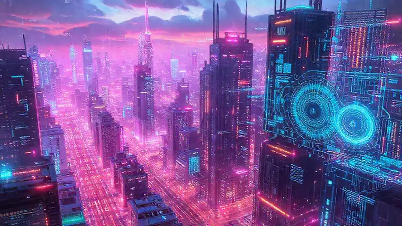 Ciudad futurista digitalmente vibrante e intrigante