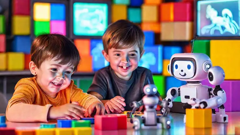 Niños aprenden con juegos digitales coloridos
