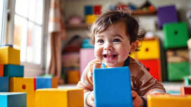 Un niño feliz juega con bloques coloridos