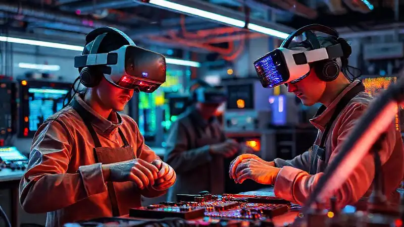 Taller futurista construye tecnología digital brillante