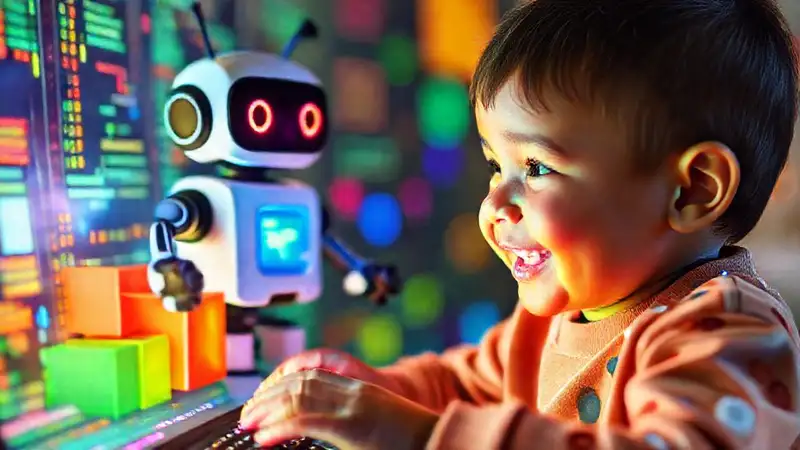 Un robot juguetón ilumina un niño feliz