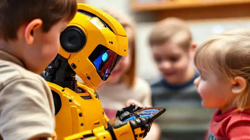 Un robot LEGO futurista interactúa con niños