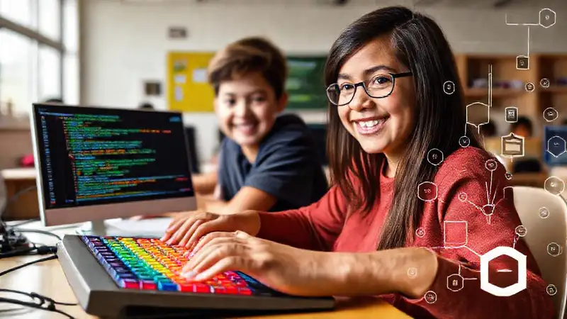 Estudiante feliz aprende código moderno