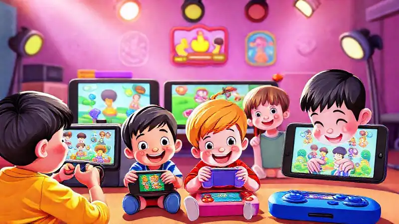 Niños felices juegan en juegos digitales