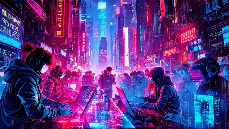 Ciudad cyberpunk vibrante y digitalmente avanzada