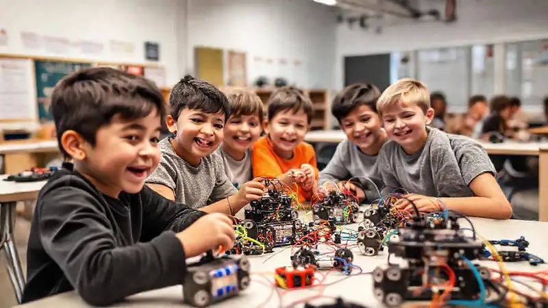 Niños construyen robots en un aula