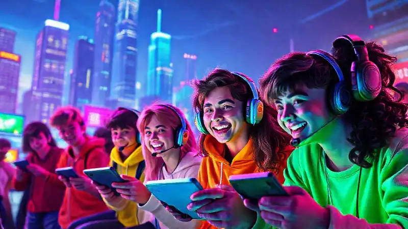 Jóvenes disfrutan videojuegos futuristas coloridos