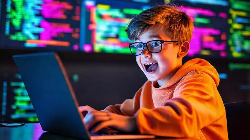 Joven codifica con entusiasmo y futuro