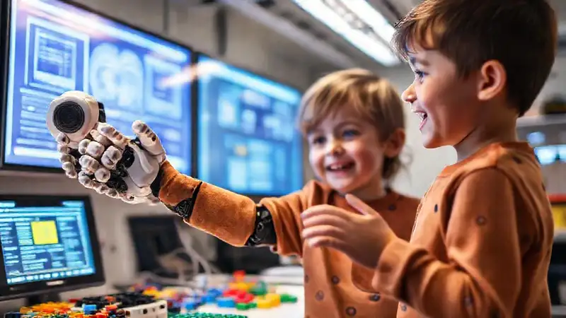 Un niño explora un laboratorio futurista