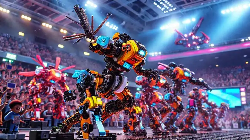 Robots LEGO futuristas compiten con emoción