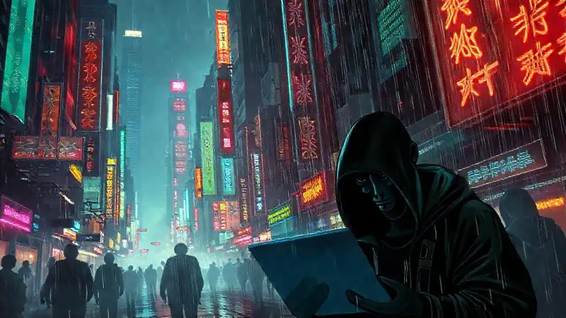 Ciudad cyberpunk oscura, digital y preocupante
