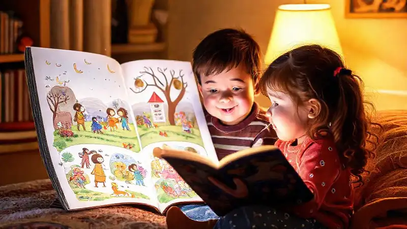 Niños leen un libro encantador y colorido