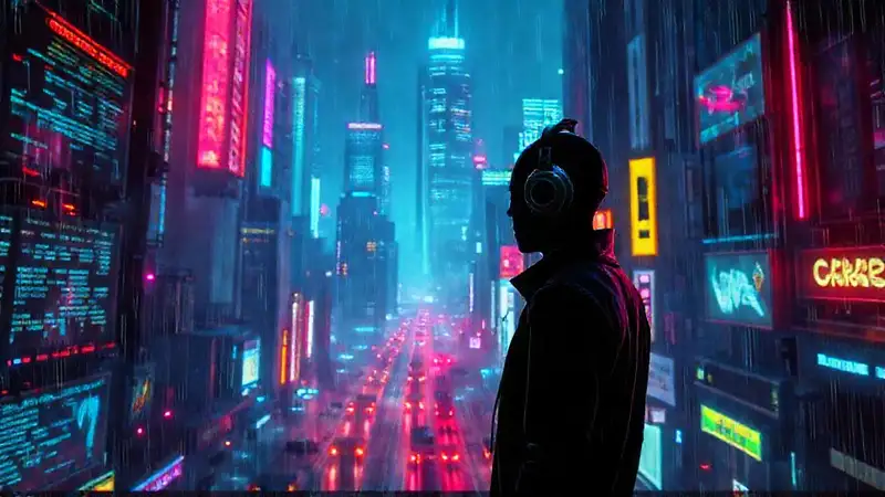 Ciudad cyberpunk futurista y lluviosa