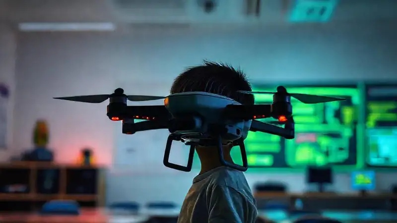 Un niño aprende con drones futuristas