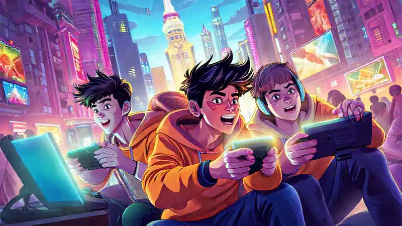 Jóvenes juegan videojuegos futuristas digitalmente