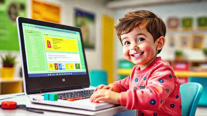 Un niño aprende a programar felizmente