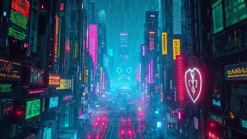 Ciudad cyberpunk digital, oscura y amenazante