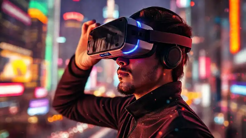 Un casco VR visualiza una ciudad futurista