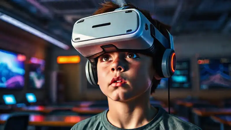 Jóven exploraba un aula virtual brillante