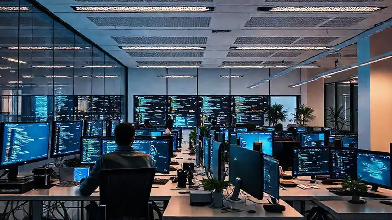 Programadores modernos trabajan en un espacio brillante