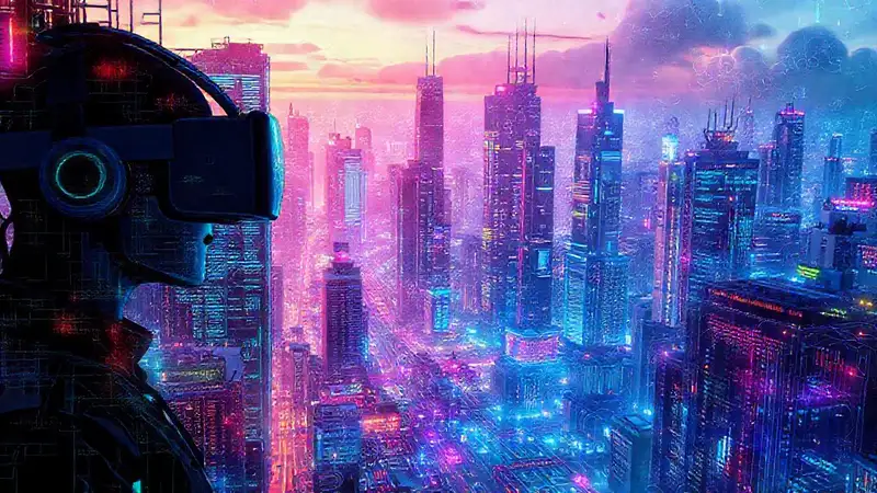 Ciudad futurista, código digital y vibrante