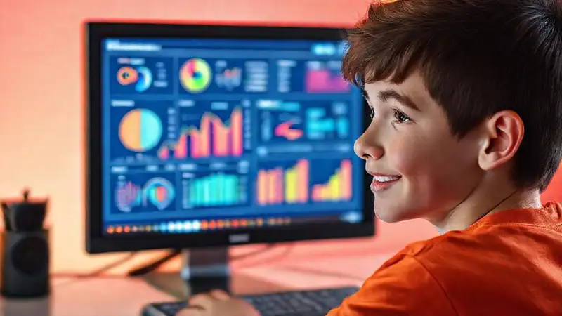Un chico adolescente visualiza datos coloridos