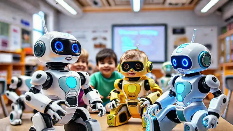 Juguetes robóticos en un aula futurista