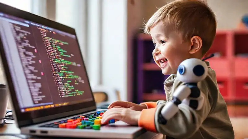 Un niño aprende Python con alegría